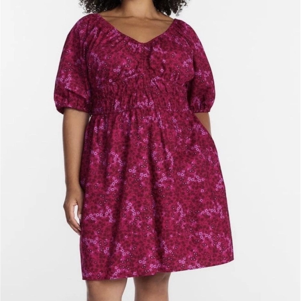 Terra & Sky Mini Cinched Dress Women 0X Dark Azalea Floral Smocked Pockets NEW - Picture 10 of 11